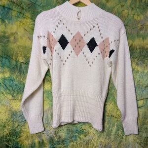 Elegant Argyle Knit Turtleneck Sweater - Cream, Pink, Black